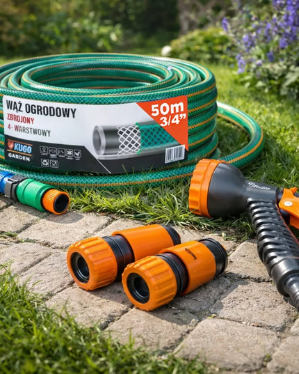 Guminė sodo žarna 3/4" 50m 4 sluoksnių + purkštukas ir jungčių rinkinys BRADAS