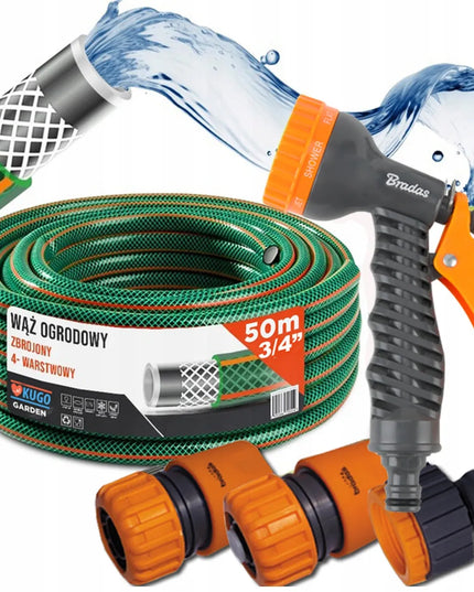 Guminė sodo žarna 3/4" 50m 4 sluoksnių + purkštukas ir jungčių rinkinys BRADAS