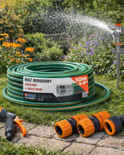 Guminė sodo žarna 3/4" 50m 4 sluoksnių + purkštuko pistoletas BRADAS rinkinys