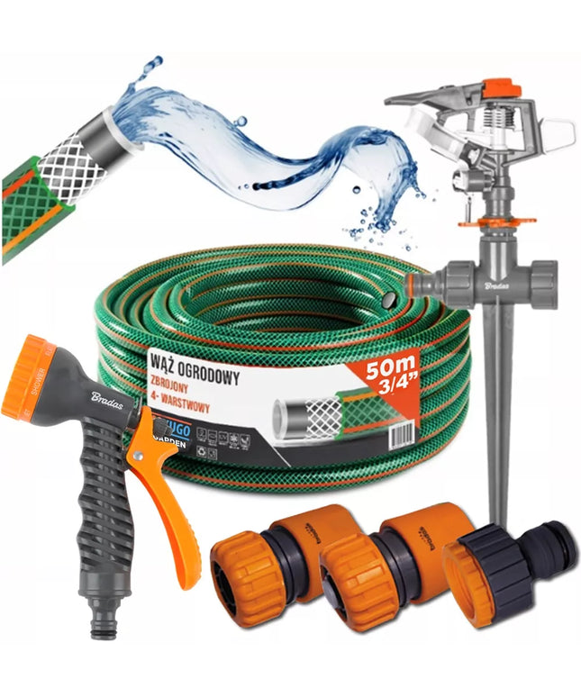 Guminė sodo žarna 3/4" 50m 4 sluoksnių + purkštuko pistoletas BRADAS rinkinys
