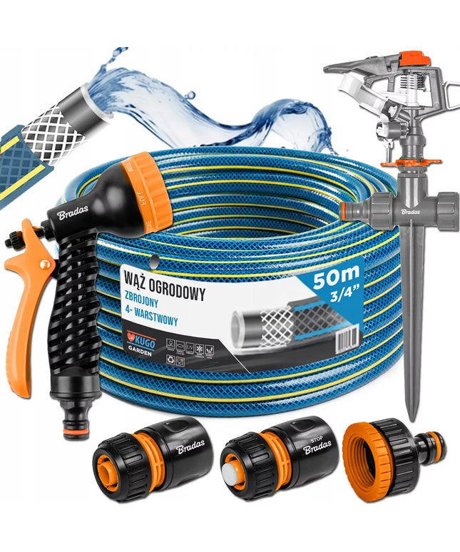 Sodo žarna guminė 3/4" 50m 4 sluoksnių + purkštukas, laistytuvas Bradas rinkinys