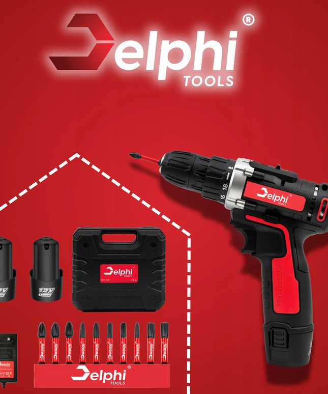Akumuliatorinis gręžtuvas-suktuvas Delphi tools 12V 2xAkumuliatoriai + antgalių rinkinys