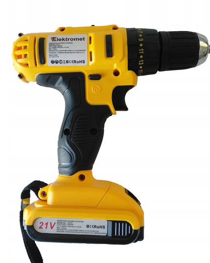 Akumuliatorinis gręžtuvas-suktuvas Elektromet 21V su smūgine funkcija, 2x4Ah akumuliatoriai