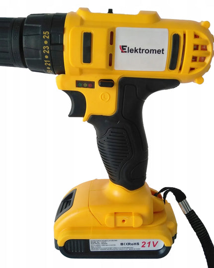 Akumuliatorinis gręžtuvas-suktuvas Elektromet 21V su smūgine funkcija, 2x4Ah akumuliatoriai