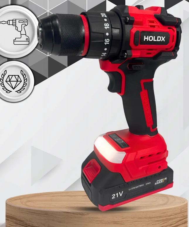 Akumuliatorinis smūginis gręžtuvas-suktuvas HOLDX 21V, 2x2.0Ah akumuliatoriai, XL rinkinys su lagaminu
