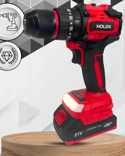 Akumuliatorinis smūginis gręžtuvas-suktuvas HOLDX 21V, 2x2.0Ah akumuliatoriai, XL rinkinys su lagaminu