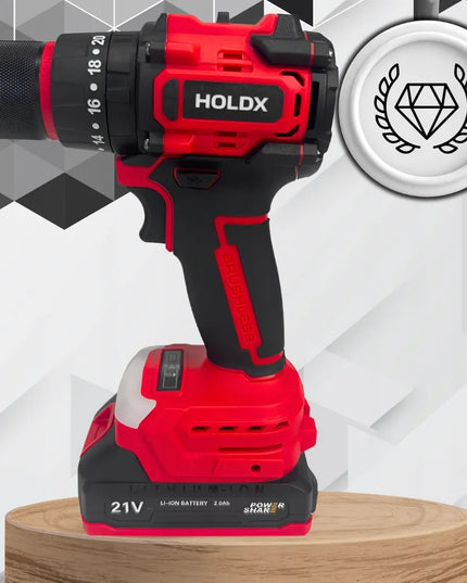 Akumuliatorinis smūginis gręžtuvas-suktuvas HOLDX 21V, 2x2.0Ah akumuliatoriai, XL rinkinys su lagaminu