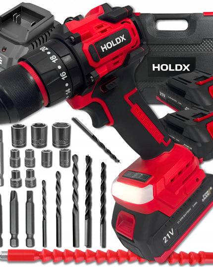 Akumuliatorinis smūginis gręžtuvas-suktuvas HOLDX 21V, 2x2.0Ah akumuliatoriai, XL rinkinys su lagaminu