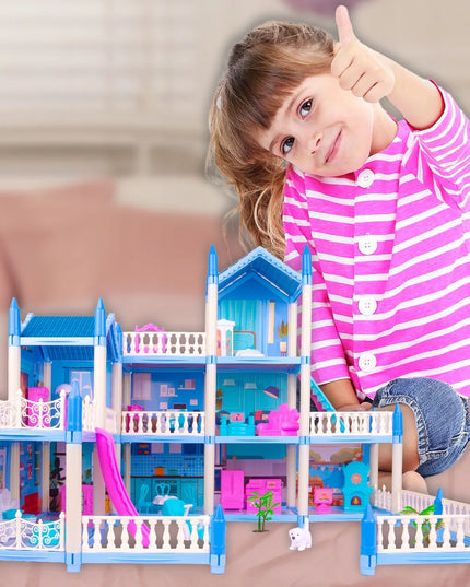 MalPlay XXL lėlių vila su žaidimų aikštele, baldais, šuniuku ir terasa