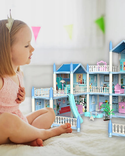 MalPlay XXL lėlių vila su žaidimų aikštele, baldais, šuniuku ir terasa