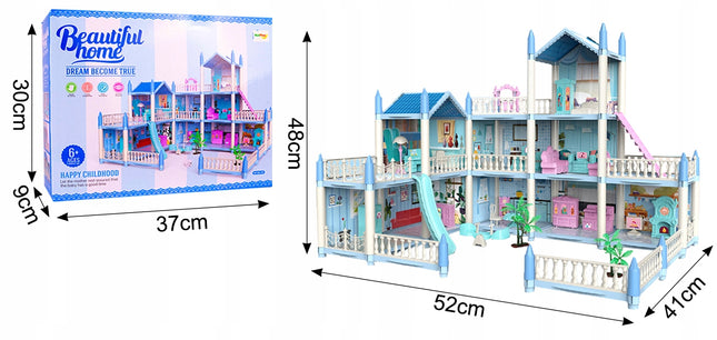 Lėlių namas, rezidencija su žaidimų aikštele, baldeliais, šuneliu, XXL komplektas, terasa