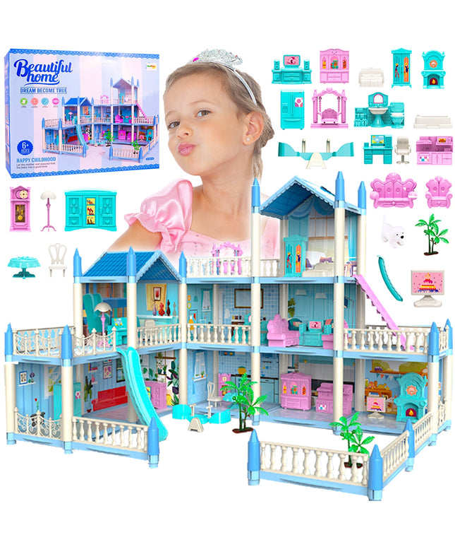 Lėlių namas, rezidencija su žaidimų aikštele, baldeliais, šuneliu, XXL komplektas, terasa