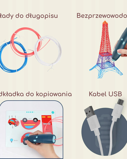 Woopie 3D pieštukas-spausdintuvas, saugus, su užpildais ir USB laidu