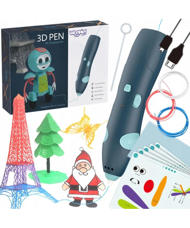 Woopie 3D pieštukas-spausdintuvas, saugus, su užpildais ir USB laidu