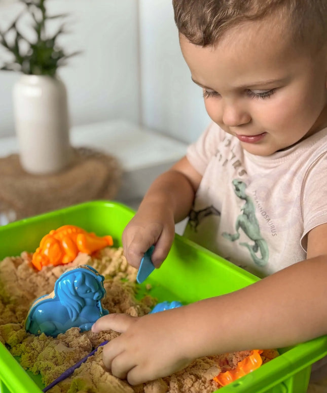 WOOPIE kinetinis smėlis 1,5 kg, XXL rinkinys su zoologijos sodo ir safario gyvūnais, dėklas-smėlio dėžė