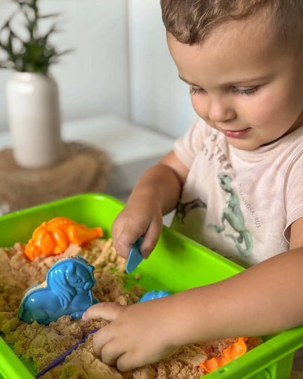 WOOPIE kinetinis smėlis 1,5 kg, XXL rinkinys su zoologijos sodo ir safario gyvūnais, dėklas-smėlio dėžė