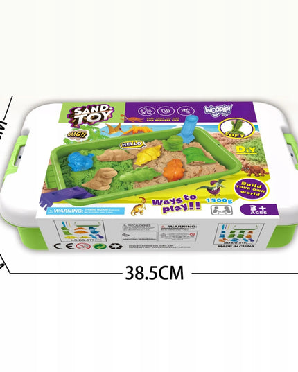 WOOPIE kinetinis smėlis 1,5 kg, XXL rinkinys su zoologijos sodo ir safario gyvūnais, dėklas-smėlio dėžė