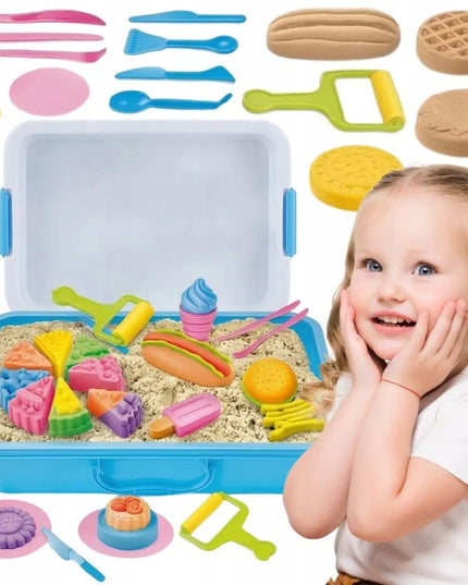 WOOPIE kinetinis smėlis, 6 spalvos, 1,2 kg, restorano rinkinys su žaidimų staliuku ir formelėmis