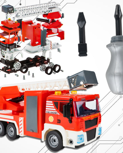Ugniagesių automobilio konstravimo rinkinys, 95 dalys, šviesa ir garsas, lagaminas