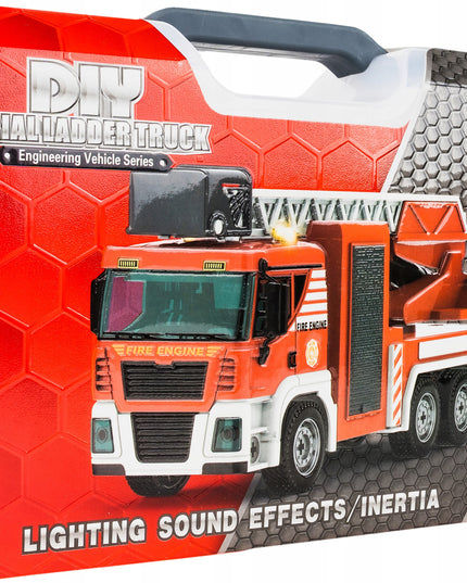 Ugniagesių automobilio konstravimo rinkinys, 95 dalys, šviesa ir garsas, lagaminas