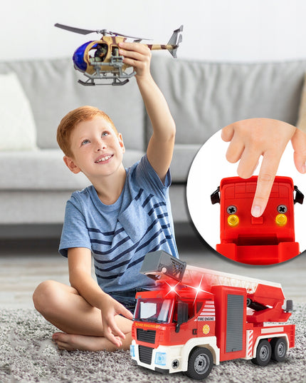 Ugniagesių automobilio konstravimo rinkinys, 95 dalys, šviesa ir garsas, lagaminas