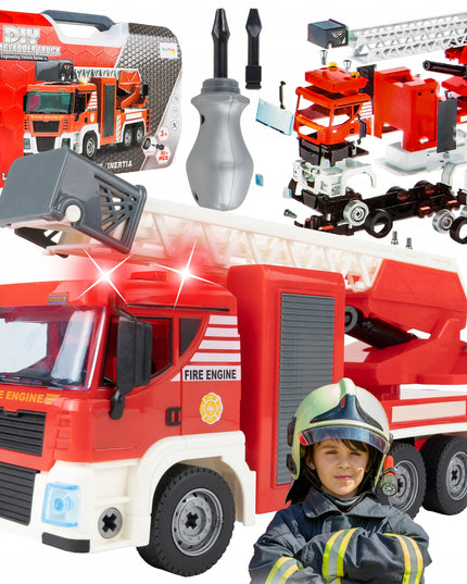 Ugniagesių automobilio konstravimo rinkinys, 95 dalys, šviesa ir garsas, lagaminas