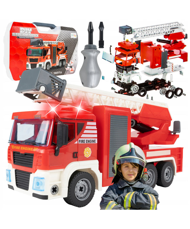 Ugniagesių automobilio konstravimo rinkinys, 95 dalys, šviesa ir garsas, lagaminas