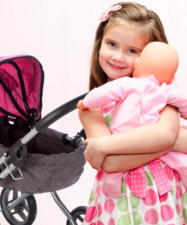 ROŽINIS GILIŲ LĖLIŲ VEŽIMĖLIS, SULANKSTOMAS, SU GONDOLA, RANKINE IR REGULIUOJAIMA RANKENA