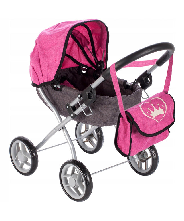 ROŽINIS GILIŲ LĖLIŲ VEŽIMĖLIS, SULANKSTOMAS, SU GONDOLA, RANKINE IR REGULIUOJAIMA RANKENA