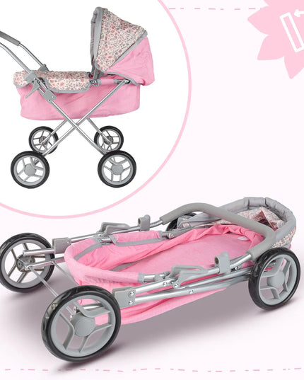Gilus lėlių vežimėlis MalPlay Pink Flowers, sulankstomas su krepšiu ir reguliuojamu stogeliu