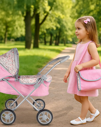 Gilus lėlių vežimėlis MalPlay Pink Flowers, sulankstomas su krepšiu ir reguliuojamu stogeliu