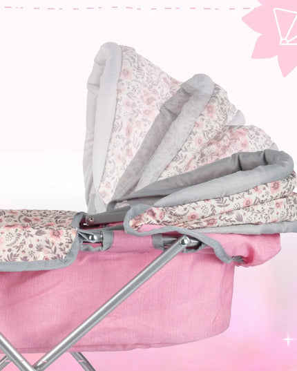 Gilus lėlių vežimėlis MalPlay Pink Flowers, sulankstomas su krepšiu ir reguliuojamu stogeliu