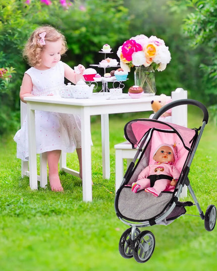 MalPlay rožinis sulankstomas lėlių vežimėlis „Princesė“ su stogeliu