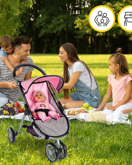 MalPlay rožinis sulankstomas lėlių vežimėlis „Princesė“ su stogeliu