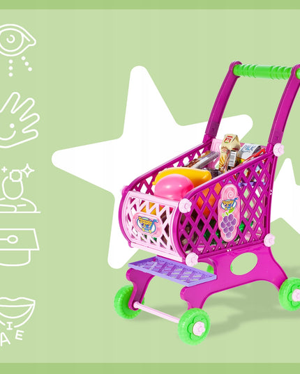Vaikiškas rožinis parduotuvės vežimėlis/krepšelis su pirkiniais