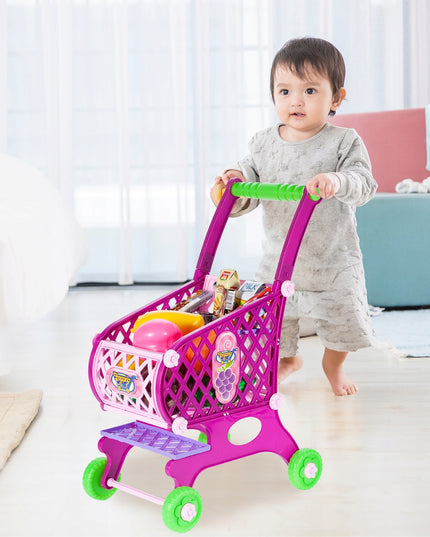 Vaikiškas rožinis parduotuvės vežimėlis/krepšelis su pirkiniais