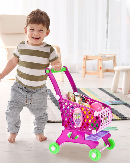 Vaikiškas rožinis parduotuvės vežimėlis/krepšelis su pirkiniais