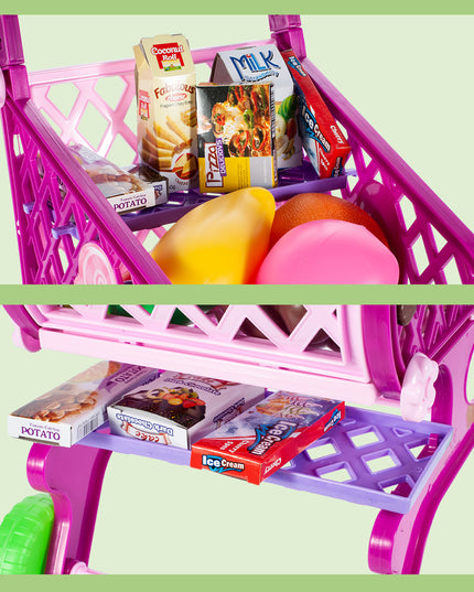 Vaikiškas rožinis parduotuvės vežimėlis/krepšelis su pirkiniais