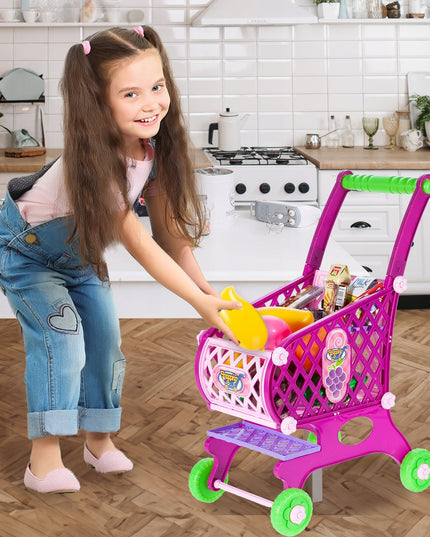 Vaikiškas rožinis parduotuvės vežimėlis/krepšelis su pirkiniais