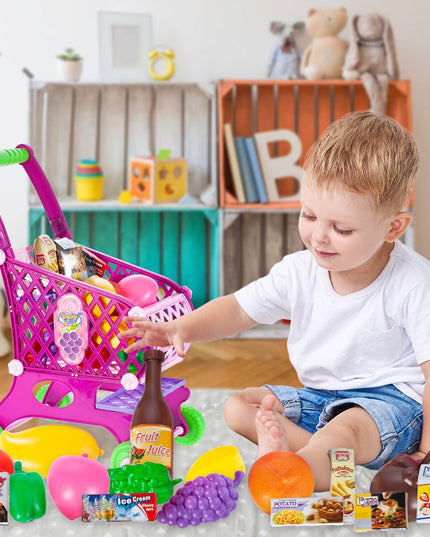 Vaikiškas rožinis parduotuvės vežimėlis/krepšelis su pirkiniais