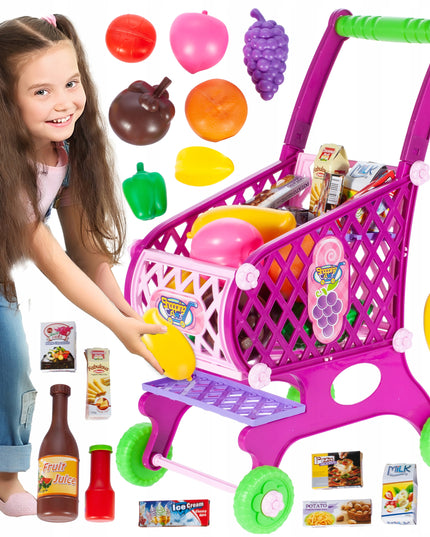 Vaikiškas rožinis parduotuvės vežimėlis/krepšelis su pirkiniais