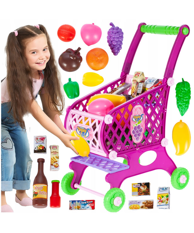 Vaikiškas rožinis parduotuvės vežimėlis/krepšelis su pirkiniais