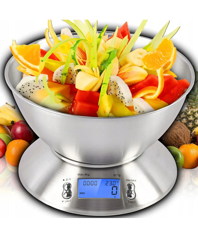 Virtuvinės svarstyklės Retoo 1 g-5 kg iš nerūdijančio plieno su 1,8 l dubeniu ir laikmačiu