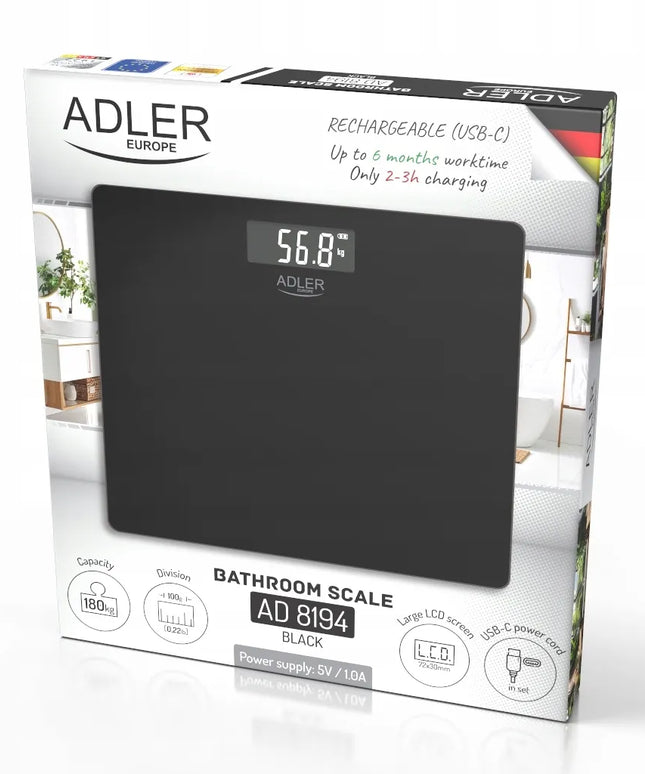Elektroninės vonios svarstyklės Adler Europe AD8194 Black 180 kg