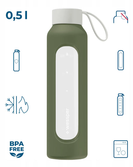 Wessper B1 BOROSILICATE daugkartinio naudojimo stiklinė gertuvė vandeniui, 500 ml, su skalėmis