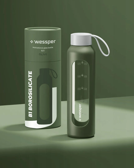 Wessper B1 BOROSILICATE daugkartinio naudojimo stiklinė gertuvė vandeniui, 500 ml, su skalėmis