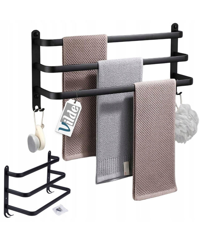 Vonios sieninis laikiklis rankšluosčiams, metalinis, juodas + kabliukai, 40 cm