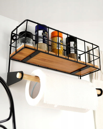 Sieninis laikiklis popieriniam rankšluosčiui, juodas metalas su bambuko lentynėle