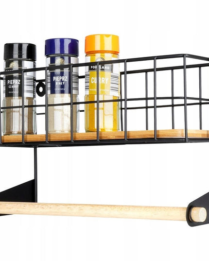 Sieninis laikiklis popieriniam rankšluosčiui, juodas metalas su bambuko lentynėle