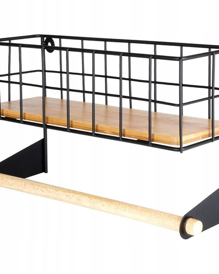 Sieninis laikiklis popieriniam rankšluosčiui, juodas metalas su bambuko lentynėle